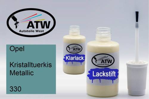 Opel, Kristalltuerkis Metallic, 330: 20ml Lackstift + 20ml Klarlack - Set, von ATW Autoteile West.